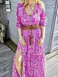 Cotton-Blend V Neck Floral Casual Dresses