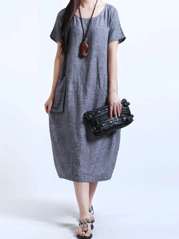 Round Neck  Patch Pocket  Plain  Cotton/Linen Maxi Plus Size Dress