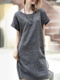 Gray A-line Linen Casual Crew Neck Plus Size Midi Dress