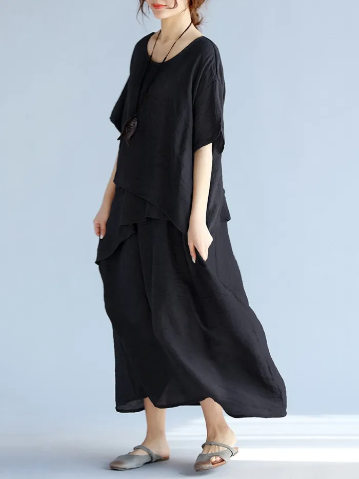 Casual Crew Neck Half Sleeve H-line Solid Maxi Linen Dress