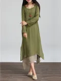 Long Sleeve Linen Cotton Crew Neck Casual Plus Size Dress