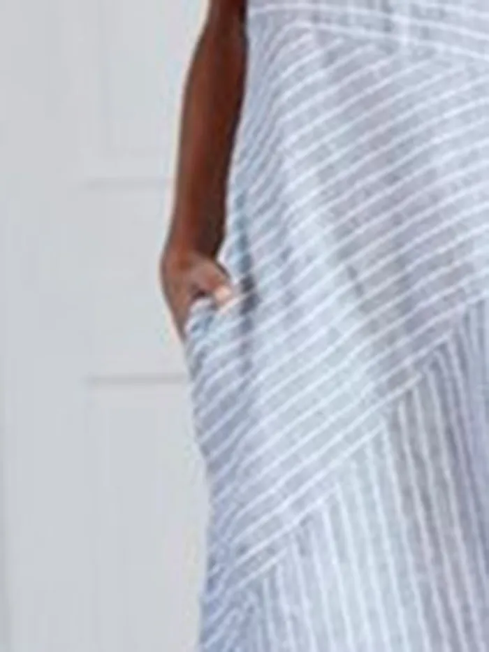 Women Casual Dress Cotton Striped Crew Neck Shift Daily Dresses