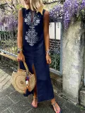 Sleeveless Geometric Casual Linen Maxi Dresses