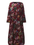 Crew Neck Long Sleeve Floral Printed Plus Size Dress