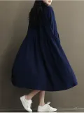 Long Sleeve Women Casual Loose Linen Cotton Solid Dress