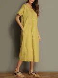Striped Casual V Neck Linen Maxi Dresses