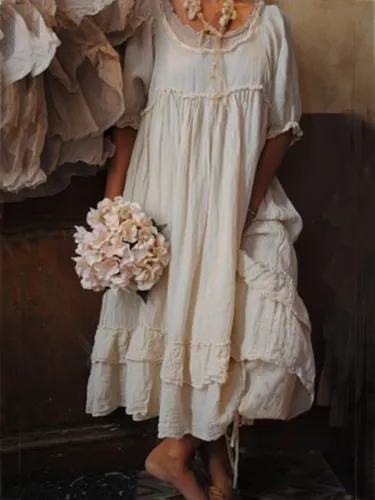 Beige Short Sleeve Cotton Crew Neck Dresses