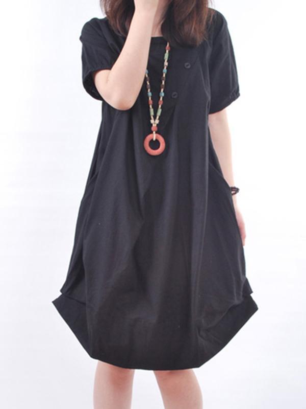 Women Short Sleeve Pockets Cocoon Casual Dress