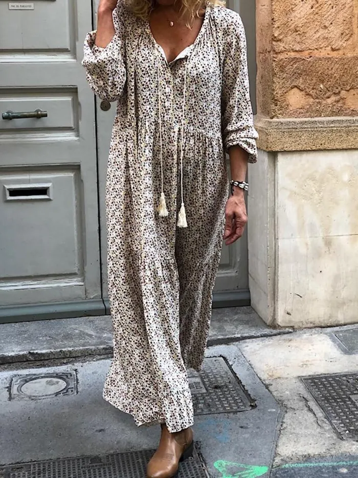 Women Shift Boho Floral Maxi Dresses Long Sleeve V Neck Daily Dresses