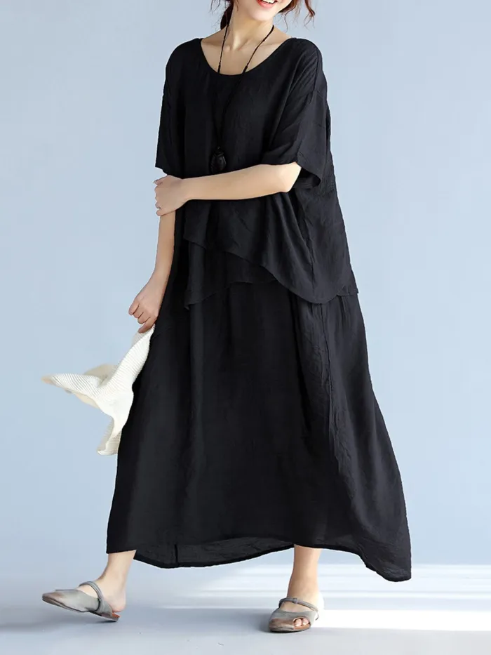 Casual Crew Neck Half Sleeve H-line Solid Maxi Linen Dress