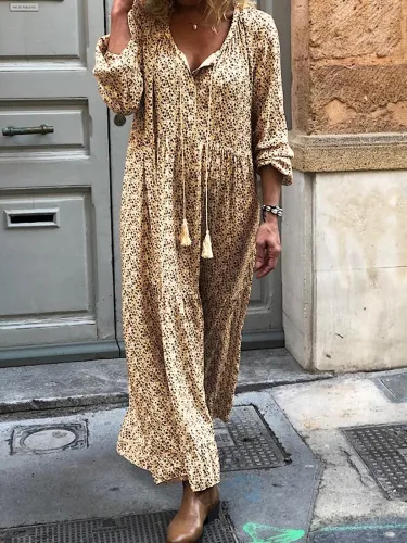 Women Shift Boho Floral Maxi Dresses Long Sleeve V Neck Daily Dresses
