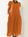 Summer Pockets Round Neck Shift Linen Dresses
