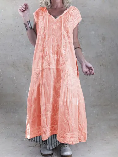 Short Sleeve Patchwork Cutout Linen Maxi Dresses