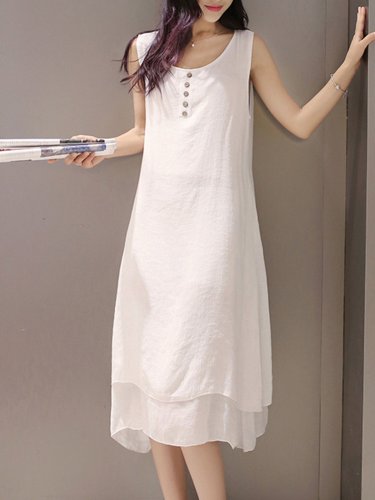 Crew Neck Two Piece Buttoned Casual Dress