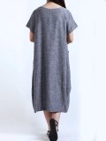 Round Neck  Patch Pocket  Plain  Cotton/Linen Maxi Plus Size Dress