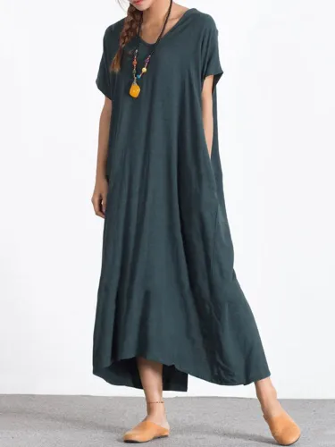 Casual Pure Color Button Back Short Sleeve Loose Dresses For Women