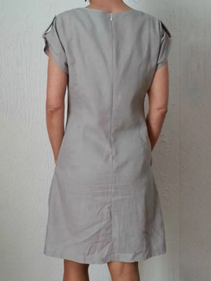 Women Casual Linen Dress Short Sleeve Pockets Buttoned Summer Dresses