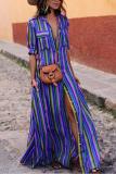 Button Down Collar Stripes Roll Up Sleeve Half Sleeve Maxi Plus Size Dress