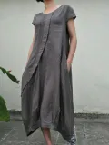 Summer Linen  Pockets Pleated Swing Solid Dresses