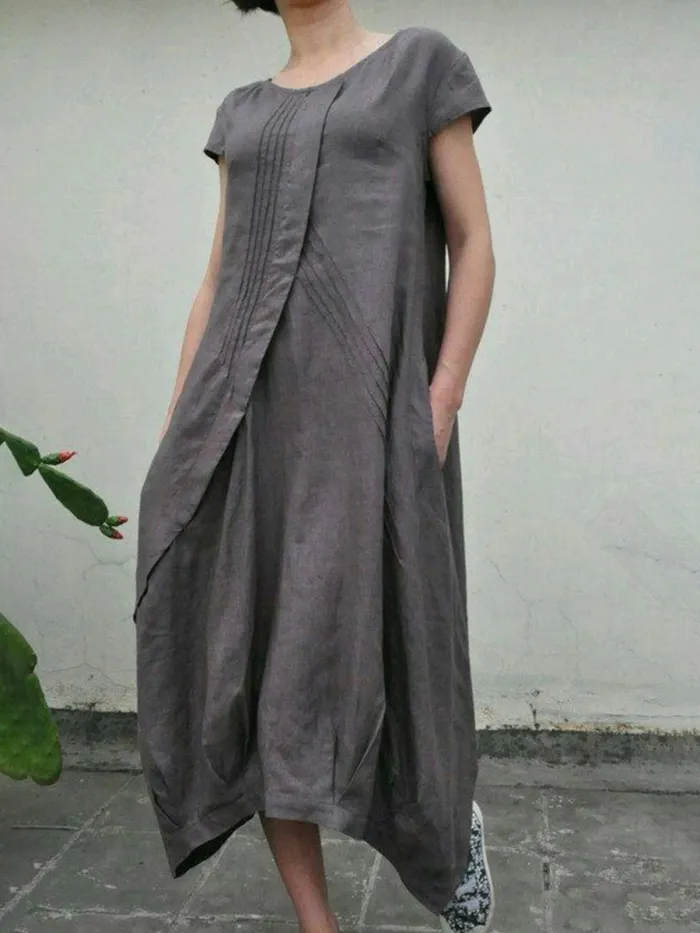 Summer Linen  Pockets Pleated Swing Solid Dresses