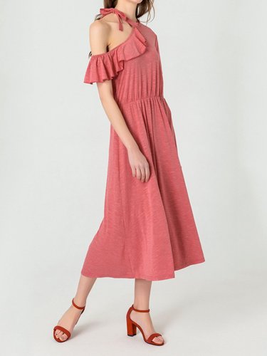 Red Short Sleeve Cotton-Blend Dresses