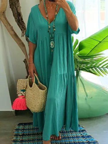 V Neck Women Dresses Going Out Paneled Casual Cotton Dresses