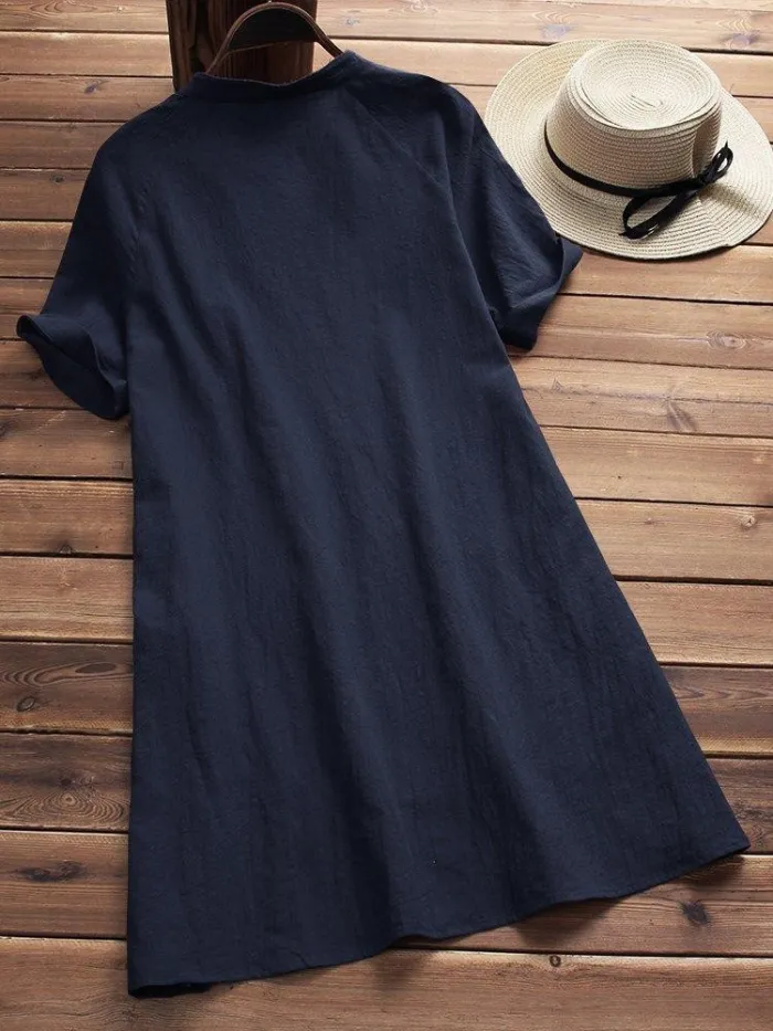 Casual Solid Buttoned Cotton Casual Dress