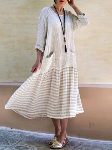 Plus Size Casual Stripe Patchwork Pockets 3/4 Sleeve Dress