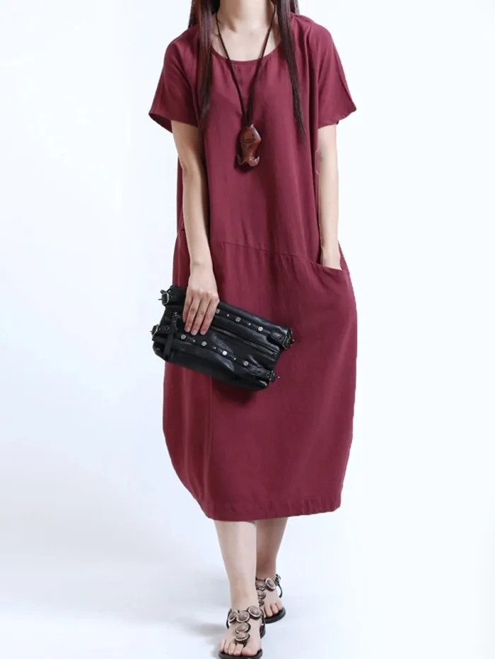 Round Neck  Patch Pocket  Plain  Cotton/Linen Maxi Plus Size Dress