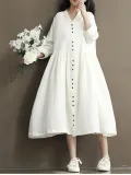 Long Sleeve Women Casual Loose Linen Cotton Solid Dress