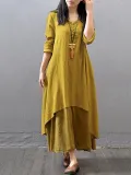 Plus Size Crew Neck Women Dress Asymmetrical Daytime Solid Linen Maxi Dress