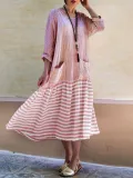 Plus Size Casual Stripe Patchwork Pockets 3/4 Sleeve Dress