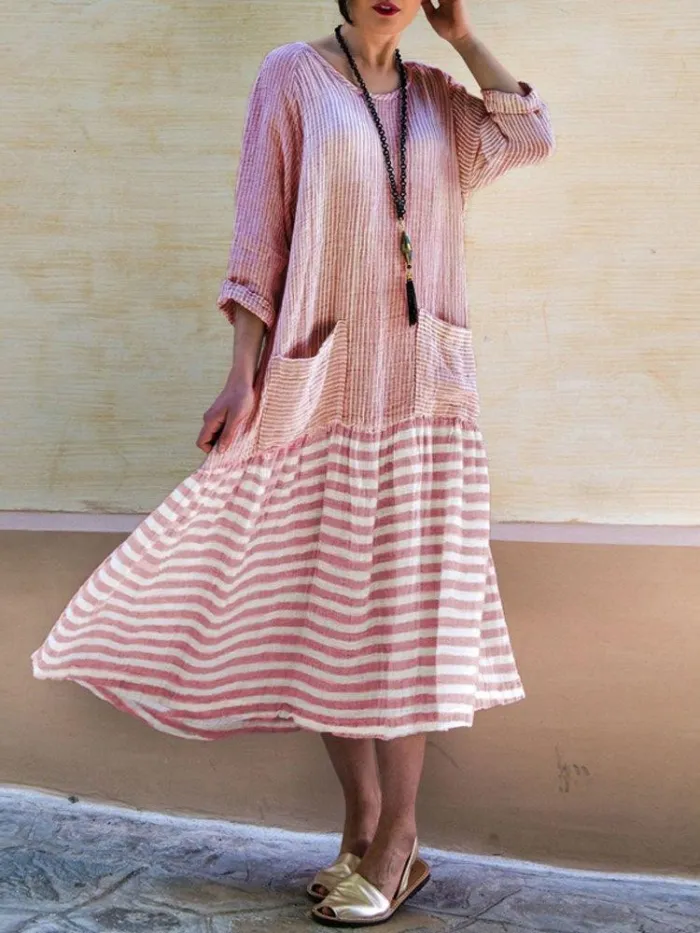 Plus Size Casual Stripe Patchwork Pockets 3/4 Sleeve Dress