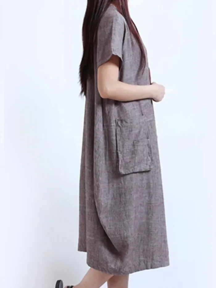 Round Neck  Patch Pocket  Plain  Cotton/Linen Maxi Plus Size Dress