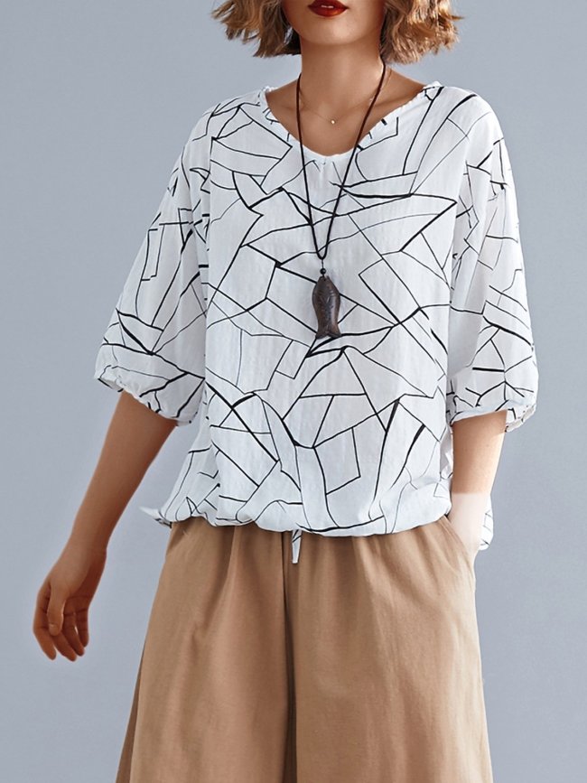Simple Line Floral Short Sleeve Cotton And Linen Loose Casual Tops