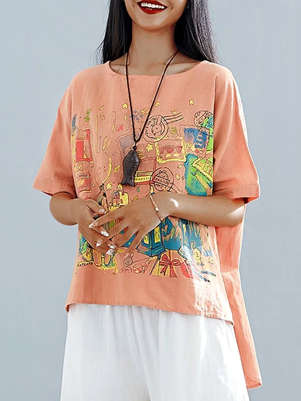 Plus Size  Women  Cotton And Linen Floral  Short  Sleeves Round Neck  Casual  Tops