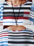 Plus Size  Cotton And Linen Striped  Loose Half  Sleeve  Casual  Top