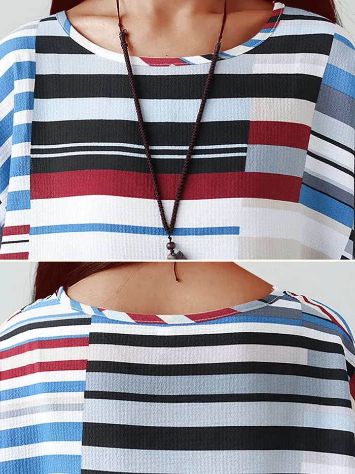 Plus Size  Cotton And Linen Striped  Loose Half  Sleeve  Casual  Top