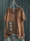 Casual Patchwork Cotton O-Neck Shirts & Tops