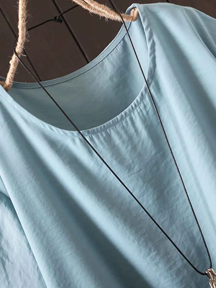 Short Sleeve Solid Round Neck Cotton-Blend Shirts & Tops