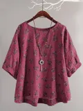 Crew Neck Casual Floral Balloon Sleeve Casual Tops