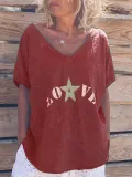 Casual V Neck Short Sleeve Letter Shirts