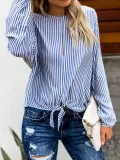 Blue Crew Neck Striped Casual Blouse
