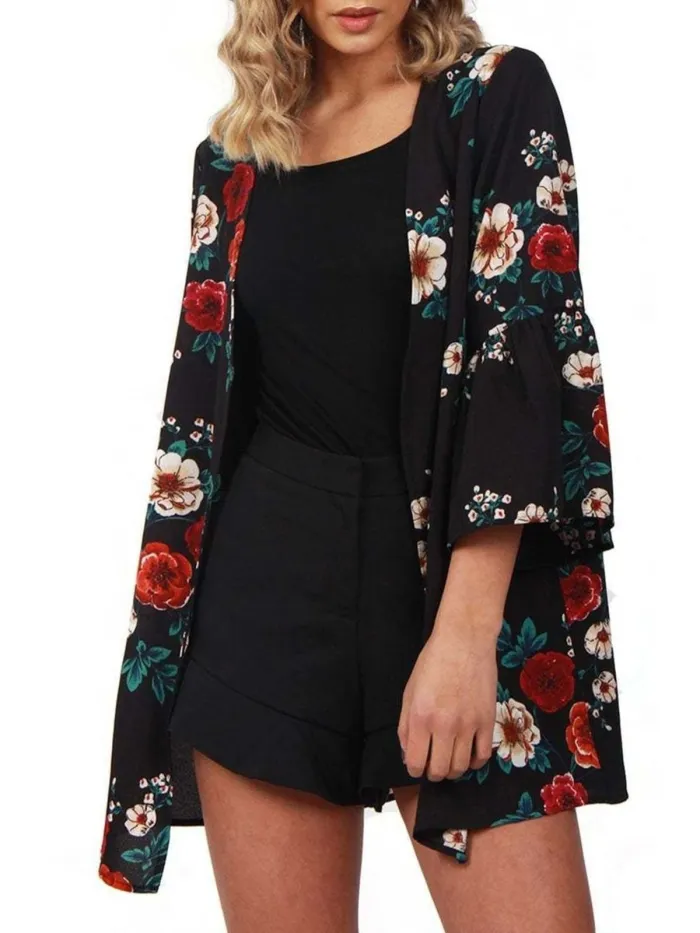 Floral Casual Paneled Bell Sleeve Chiffon Printed/Dyed Cardigan