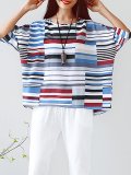 Plus Size  Cotton And Linen Striped  Loose Half  Sleeve  Casual  Top