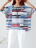 Plus Size  Cotton And Linen Striped  Loose Half  Sleeve  Casual  Top