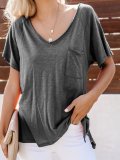 V-neck Solid Pocket T Shirts