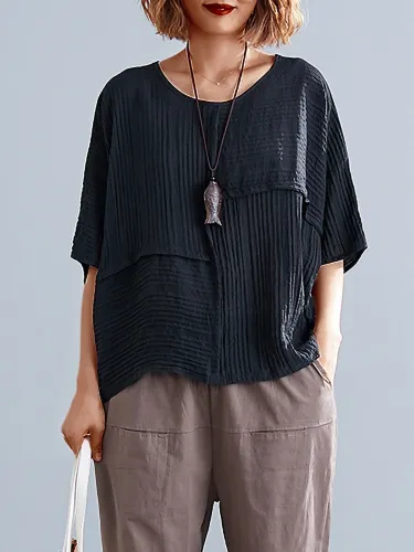 Plus Size Women Solid Half Sleeve Round Neck Loose Casual Tops