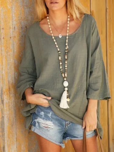Gray 3/4 Sleeve Pockets Shirts & Tops