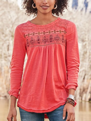Cotton-Blend Casual Long Sleeve Printed Shirts & Tops